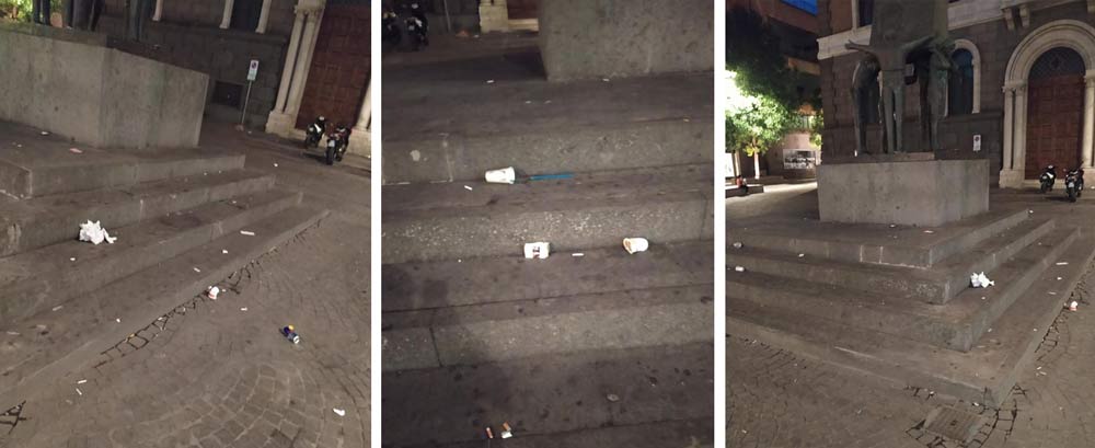 Piazza della Repubblica ridotta a un mondezzaio, nonostante i cestini.