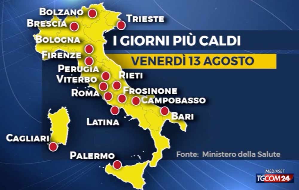 Caldo record: Viterbo tra le 15 località italiane con bollino rosso.
