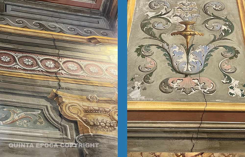 Crepe sulle pareti delle sale affrescate di Palazzo dei Priori.