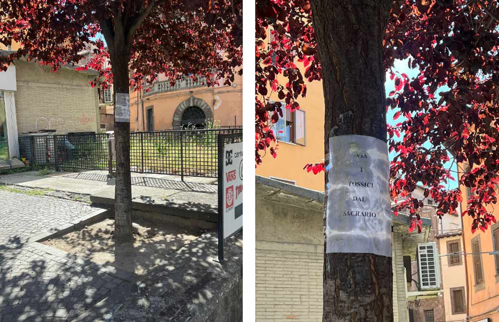 Spunta un cartello su un albero: “Via i tossici dal Sacrario”.