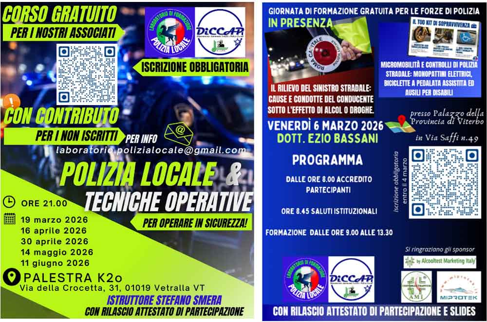 Polizia locale, Diccap – Cse – FLPL lancia due appuntamenti formativi